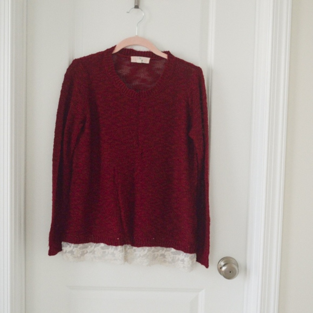 Maroon Sweater with Lace Trim